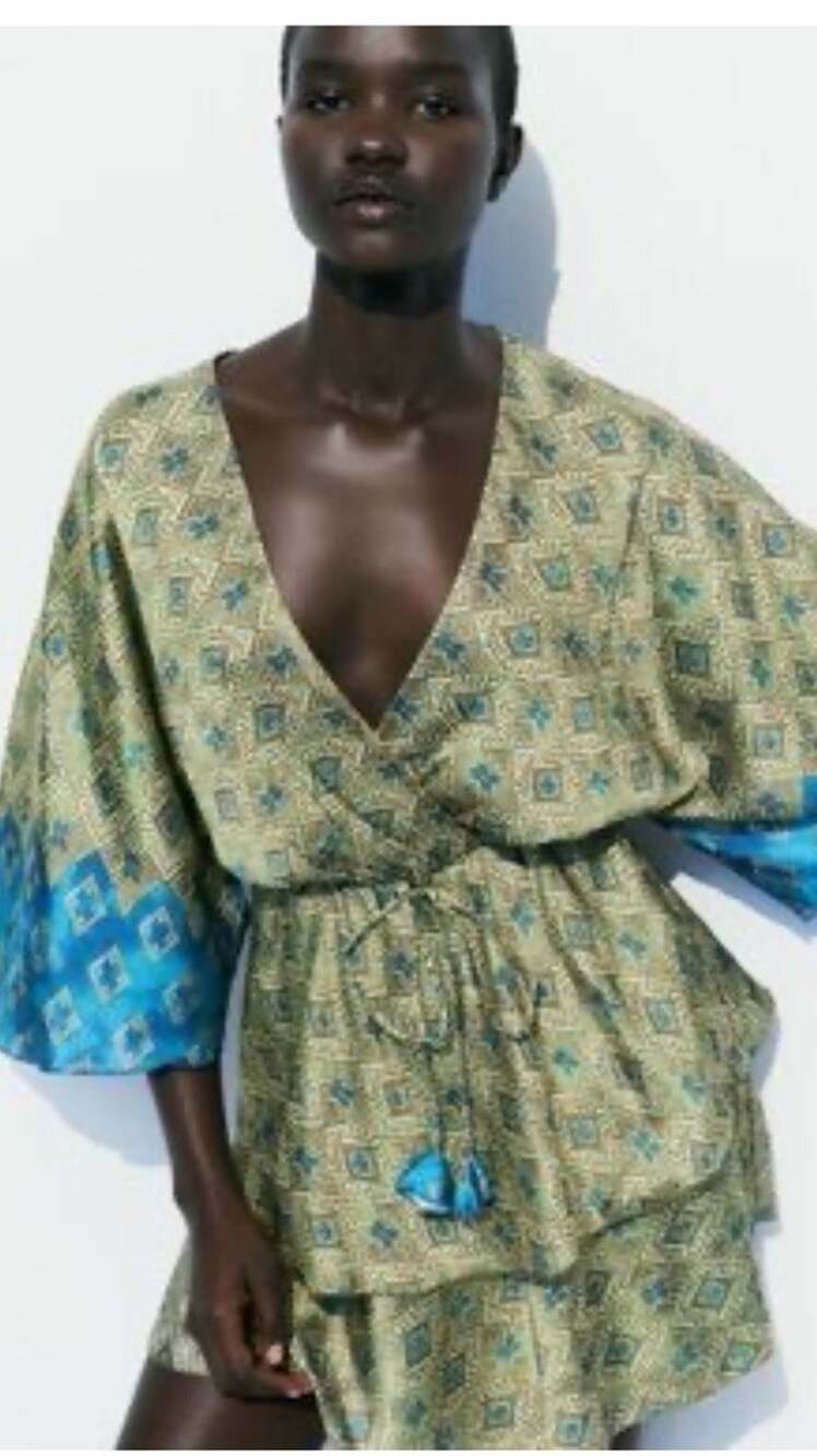 Zara Satin Green Kimono Mini Dress M Boho Oversized Ruffles Elastic Waist
